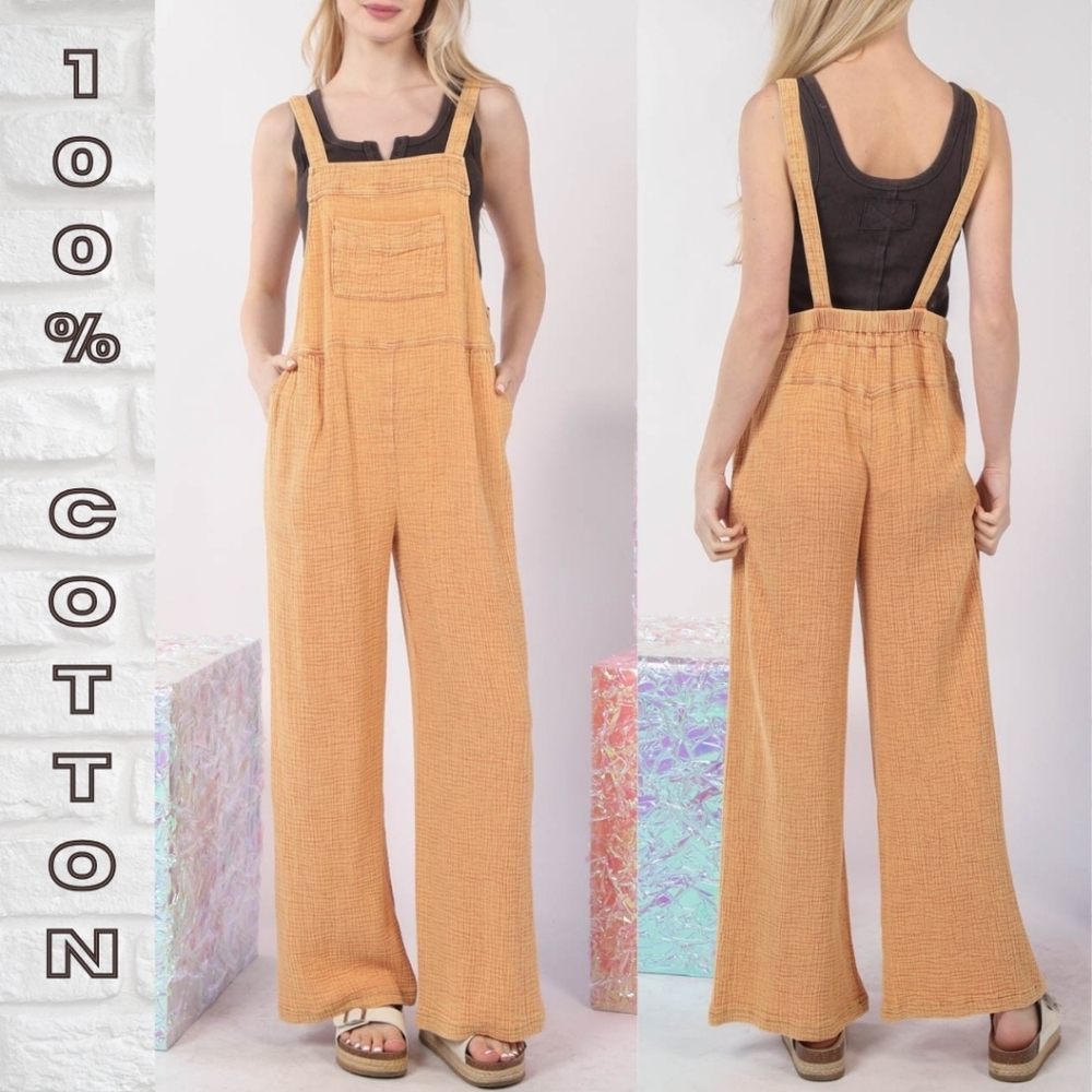 100% Cotton Cream Orange Textured Washed Wide-Leg Overalls